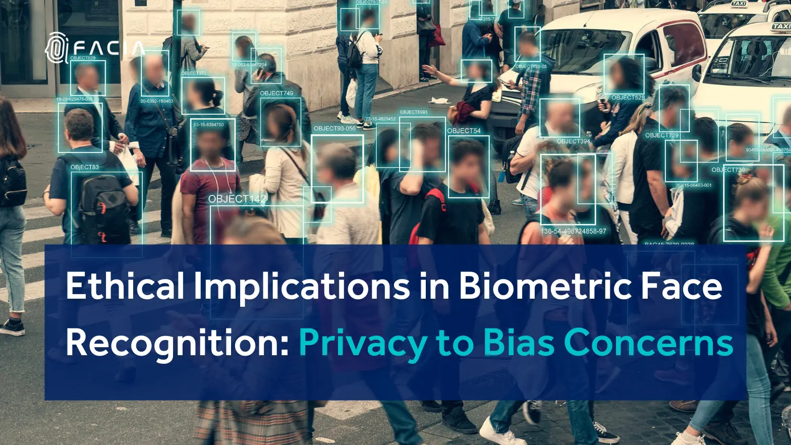depiction of the ethical implications associated with biometric face recognition systems, highlighting concerns related to privacy, data security, and potential biases.