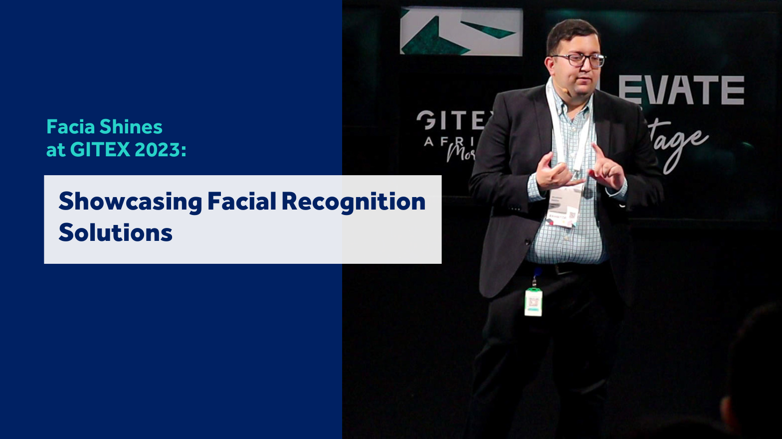 Mujadad Naeem, CEO of Facia, delivering a keynote speech at the Gitex conference, sharing insights on facial recognition technology and its impact on the industry