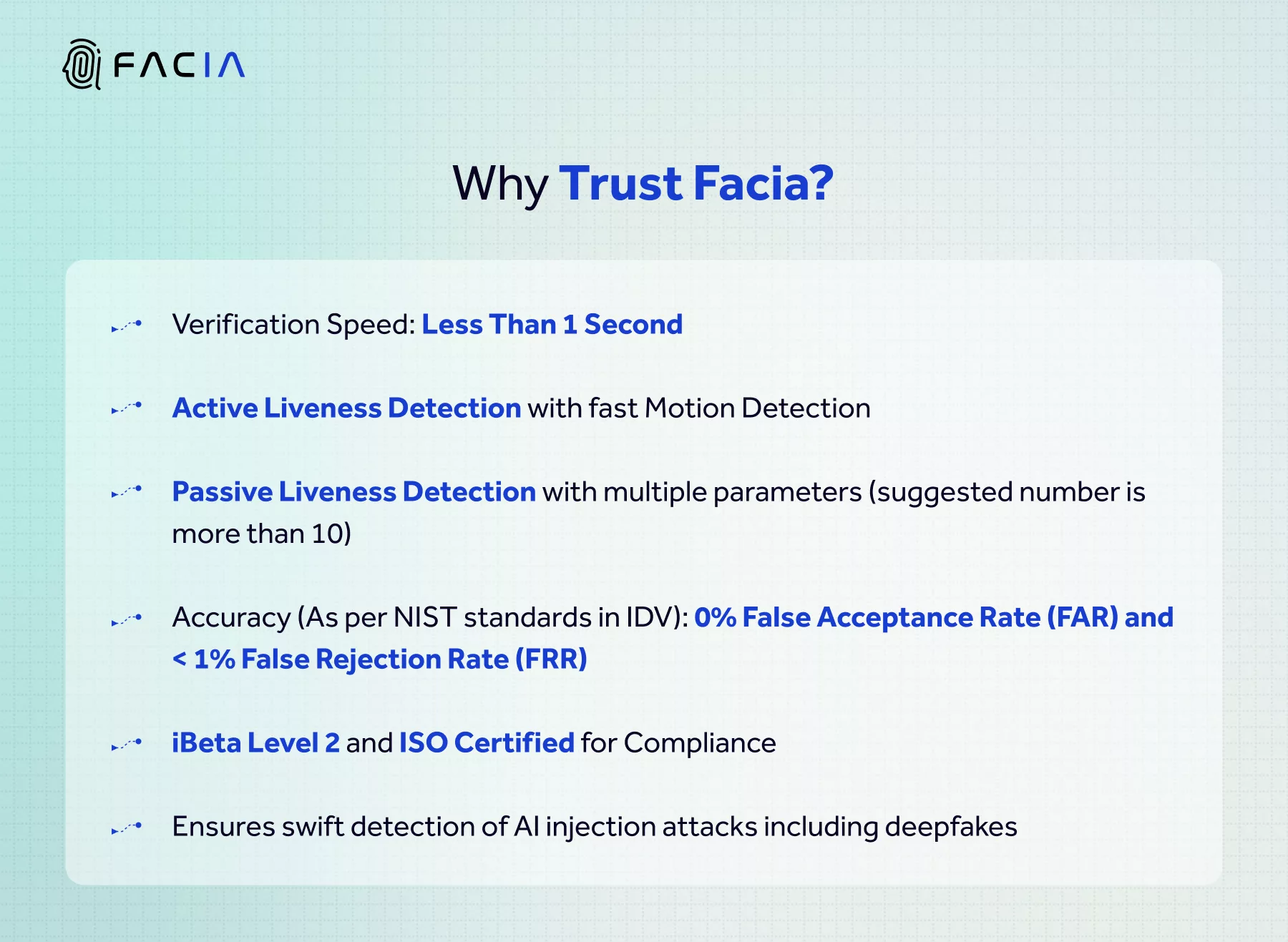 Features of Facia, an ideal facial identification solution.