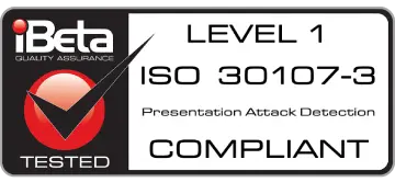 Facia's certification badge showcasing iBeta compliance, ensuring the highest level of accuracy and reliability in facial recognition technology.