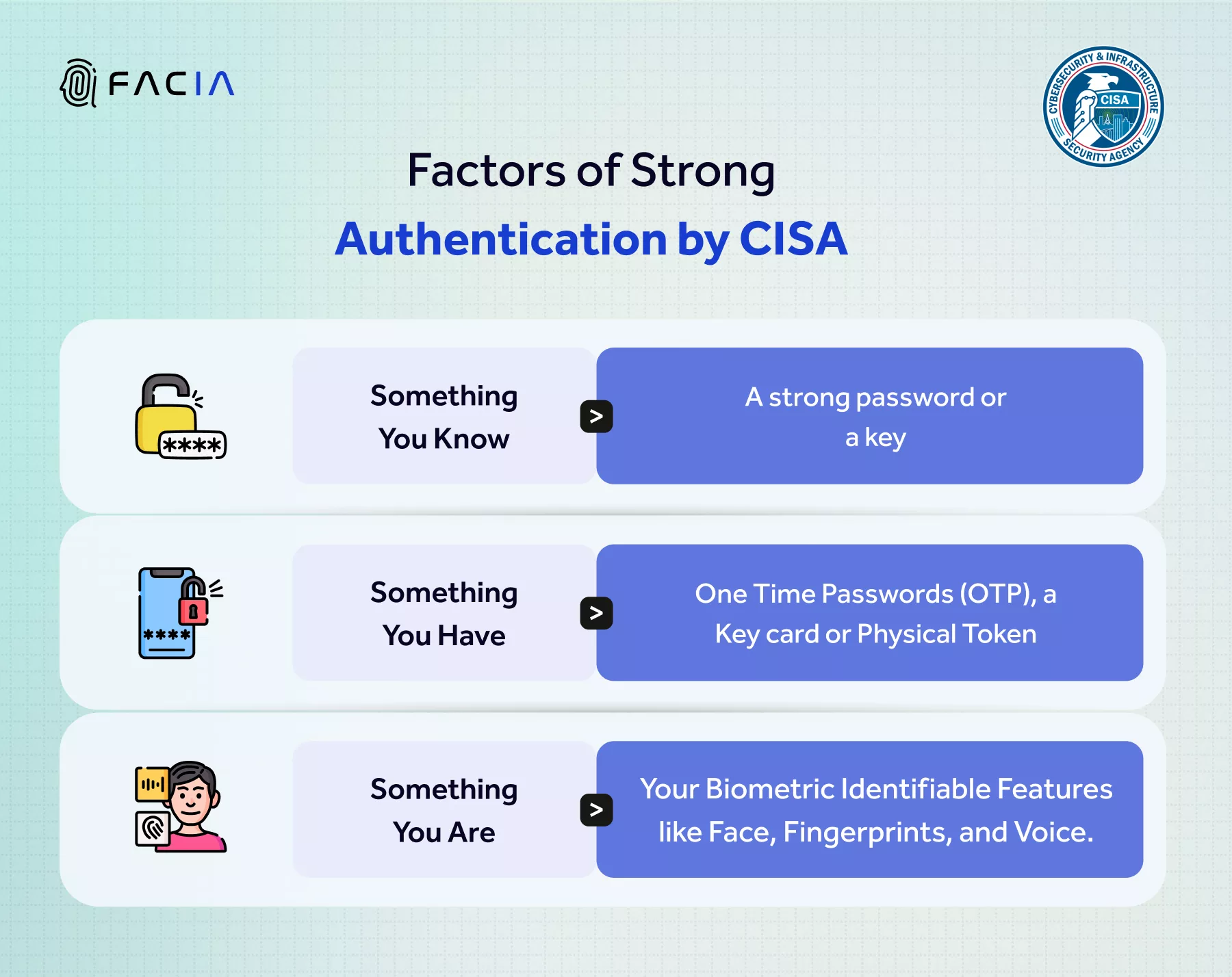 The chart shows three important factors of a Strong Authentication proposed by CISA (Cybersecurity Infrastructure & Security Agency)