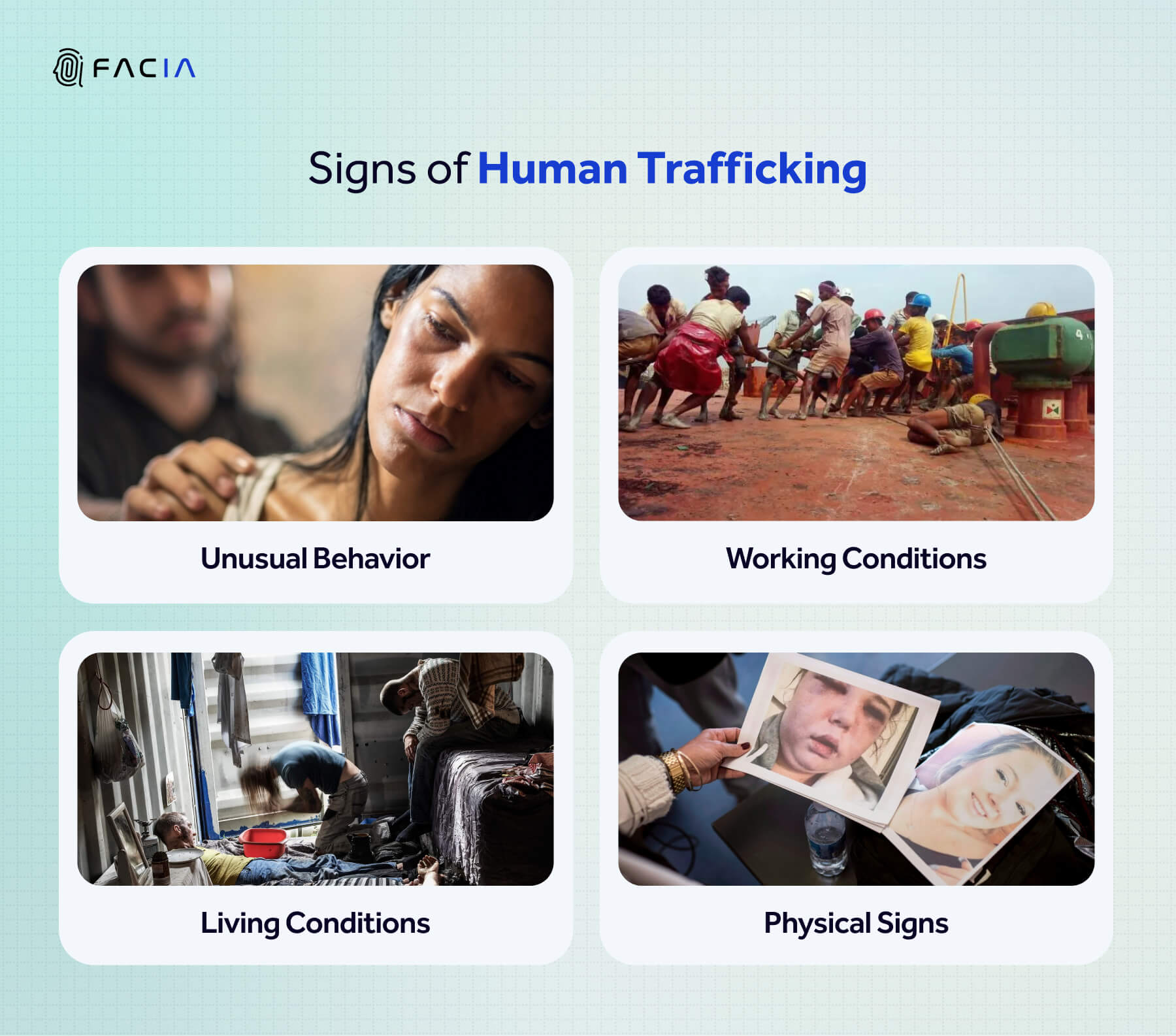 Human Trafficking victims depict certain specific signs such as 1) Unusual Behavior 2) Dire Working Conditions 3) Poor Living Conditions 4) Physical Abuse Signs