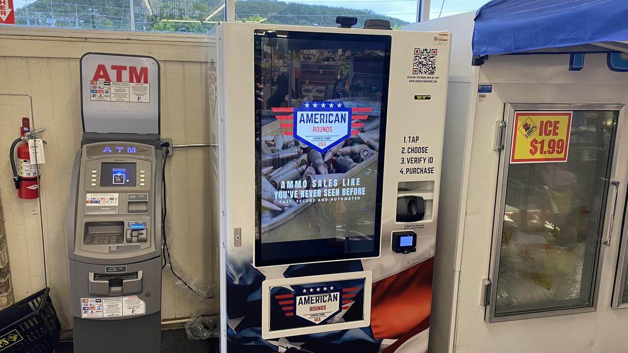 A vending machine with the logo ‘American Rounds’ selling ammunition for guns in between seemingly ordinary installations like an ATM and an ice dispenser.