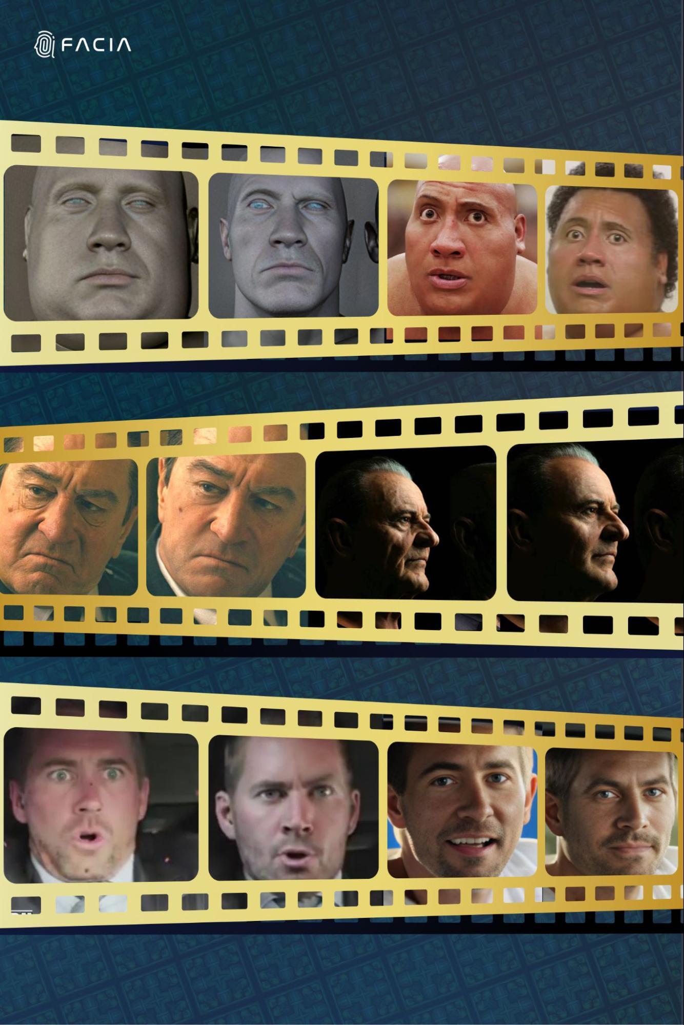 The above reels show the use of deepfake technology from three famous movies 1) Central Intelligence 2) The Irishman 3) Furious 7