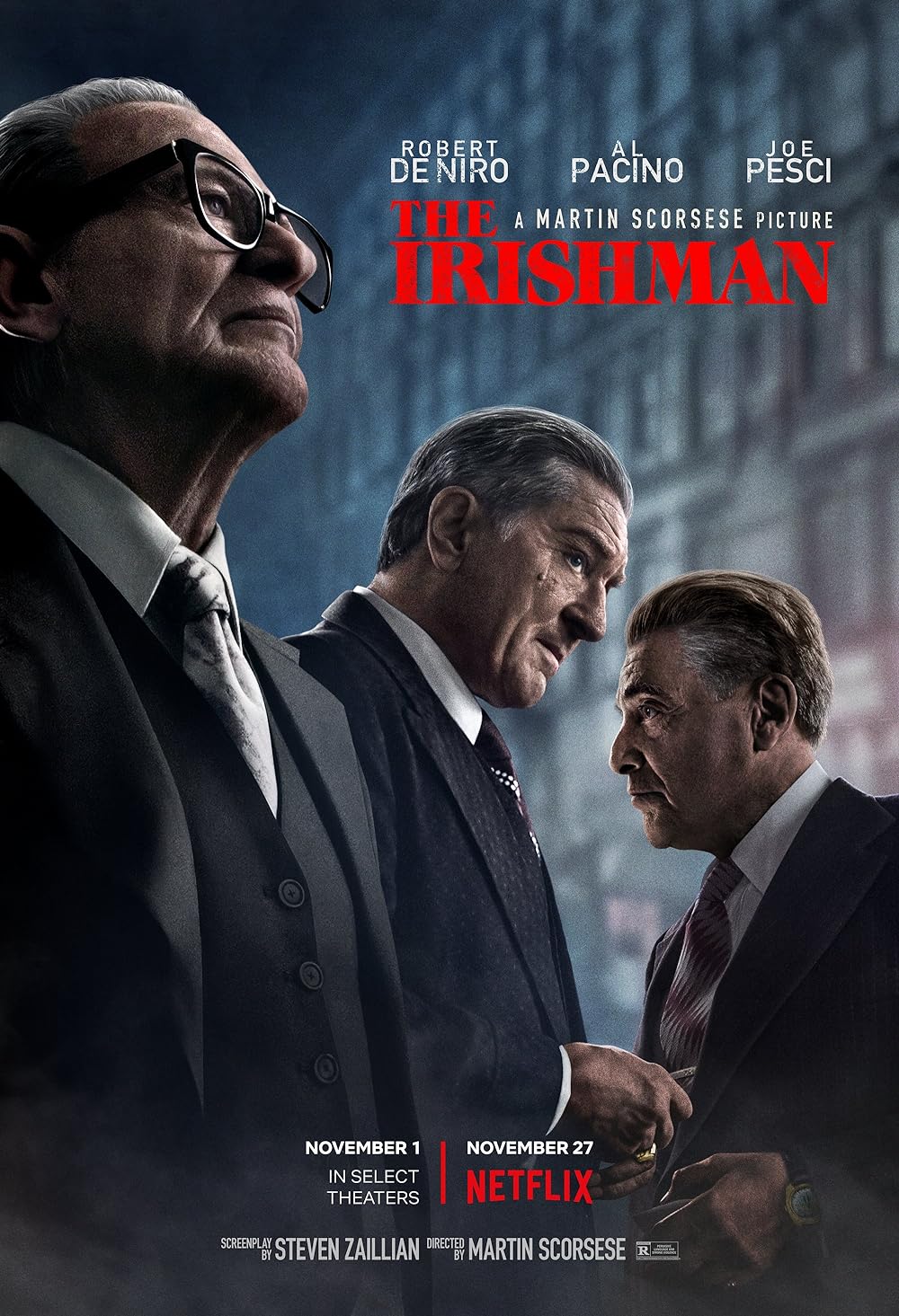 Movie poster of The Irishman starring Al Pacino, Robert De Niro & Joe Pesci. In this film, the actors were both aged & de-aged through deepfake technology using CGI and VFX techniques. 