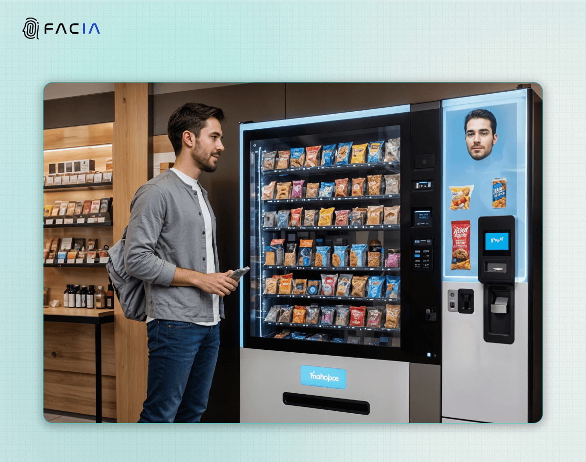 A man using a smart vending machine that utilizes facial recognition to create better customer experiences.